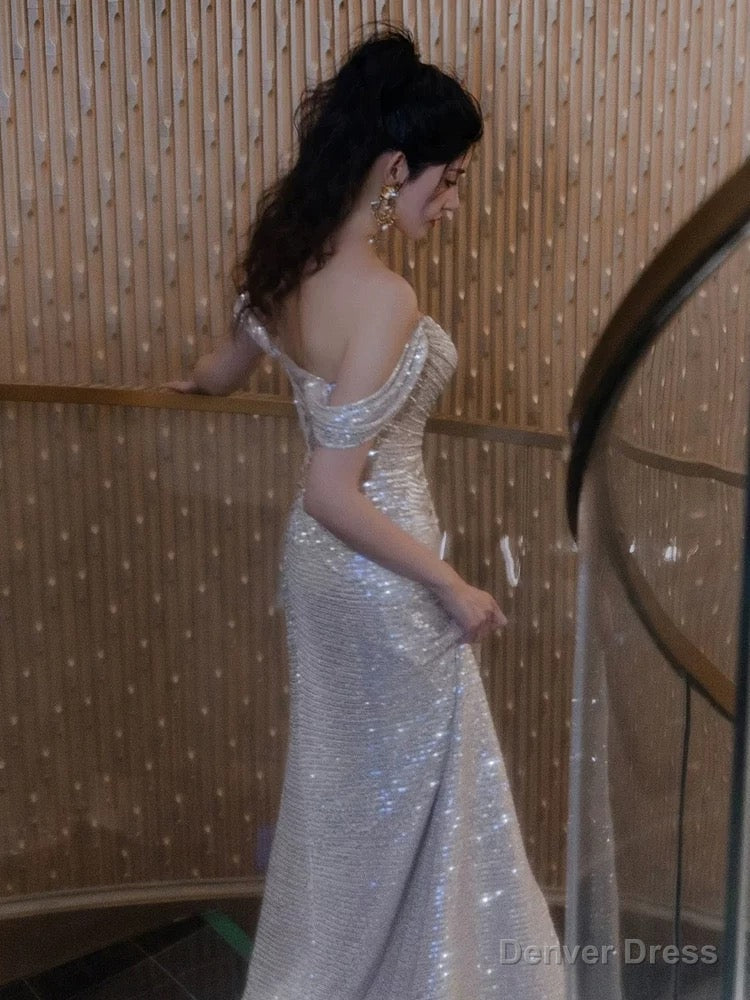 Sexy Sheath Off The Shoulder Sequin Slit Floor Length Prom Dress