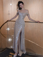 Sexy Sheath Off The Shoulder Sequin Slit Floor Length Prom Dress