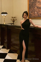 Sexy Sheath One Shoulder Black Slit Long Prom Dresses Evening Dress