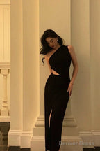 Sexy Sheath One Shoulder Black Slit Long Prom Dresses Evening Dress