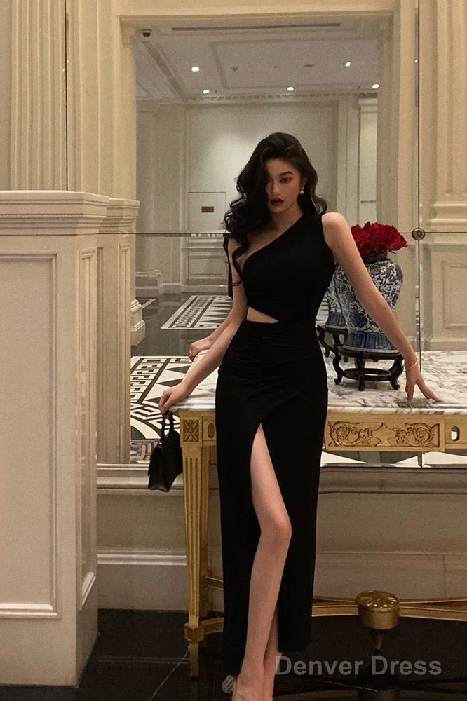 Sexy Sheath One Shoulder Black Slit Long Prom Dress