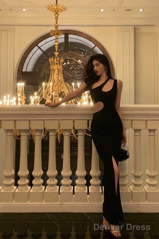 Sexy Sheath One Shoulder Straps Black Slit Long Prom Dresses Birthday Outfits