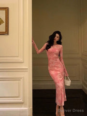 Sexy Sheath Pink Floral Long Sleeves Prom Dresses Birthday Outfits