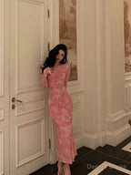 Sexy Sheath Pink Floral Long Sleeves Prom Dresses Birthday Outfits