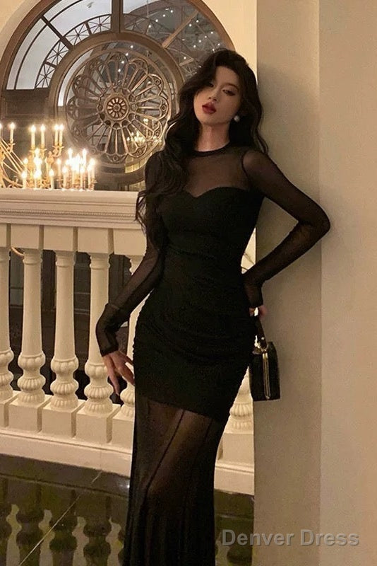 Sexy Sheath Scoop Long Sleeves Black Prom Dresses Birthday Outfits Evening Gown