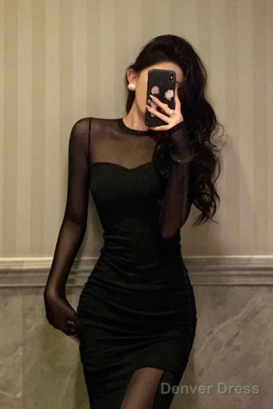 Sexy Sheath Scoop Long Sleeves Black Prom Dresses Birthday Outfits Prom Gowns