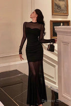 Sexy Sheath Scoop Long Sleeves Black Prom Dresses Birthday Outfits Evening Gown