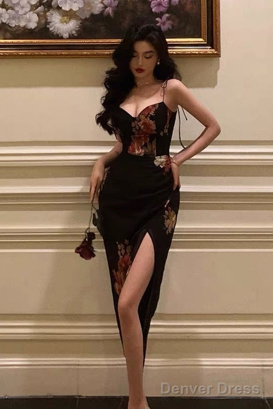 Sexy Sheath Spaghetti Straps Black Floral Slit Prom Dresses Birthday Outfits Main image