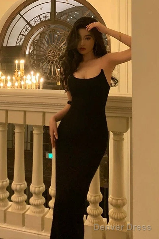 Sexy Sheath Spaghetti Straps Black Prom Dresses Birthday Outfits Prom Gowns