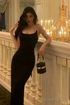 Sexy Sheath Spaghetti Straps Black Prom Dresses Birthday Outfits Prom Gowns