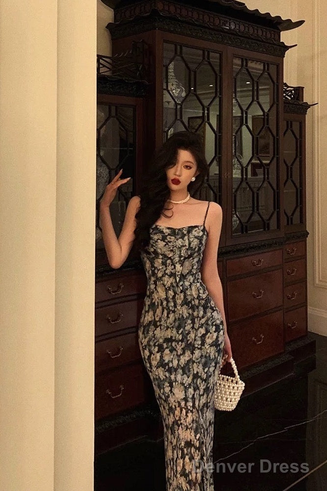 Sexy Sheath Spaghetti Straps Blue Floral Prom Dresses Birthday Outfits Prom Gowns