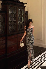 Sexy Sheath Spaghetti Straps Blue Floral Prom Dresses Birthday Outfits Evening Gown