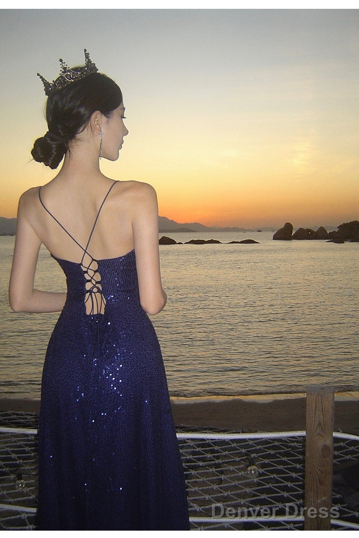 Sexy Sheath Spaghetti Straps Blue Sequin Beach Dress WomenS Vacation Dress Prom Dresses