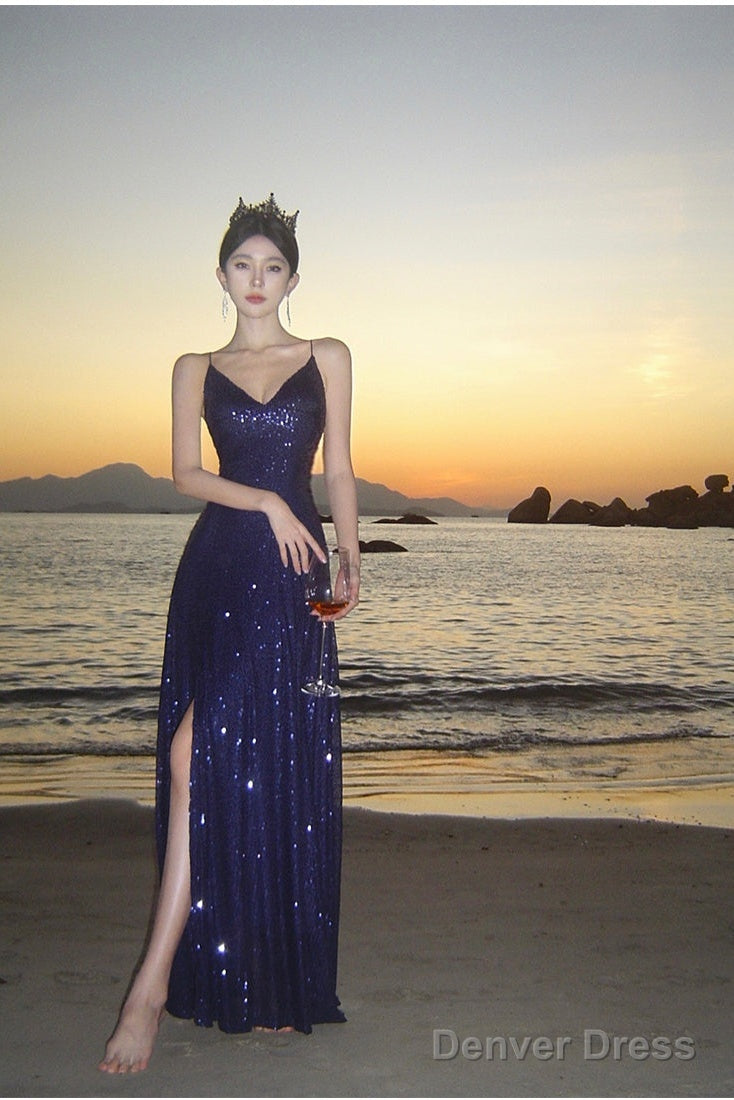 Sexy Sheath Spaghetti Straps Blue Sequin Beach Dress WomenS Vacation Dress Prom Dresses