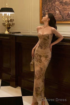Sexy Sheath Spaghetti Straps Champagne Floral Prom Dresses Birthday Outfits