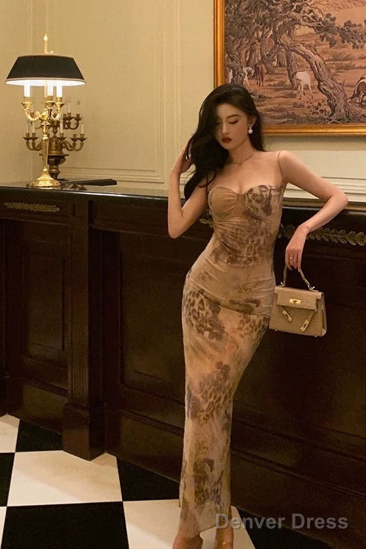 Sexy Sheath Spaghetti Straps Champagne Floral Prom Dresses Birthday Outfits