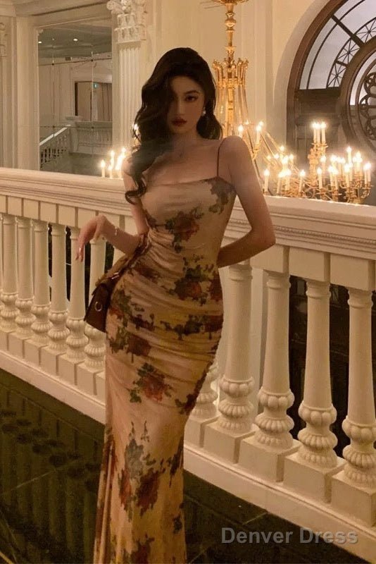 Sexy Sheath Spaghetti Straps Champagne Floral Prom Dresses Birthday Outfits Prom Gowns