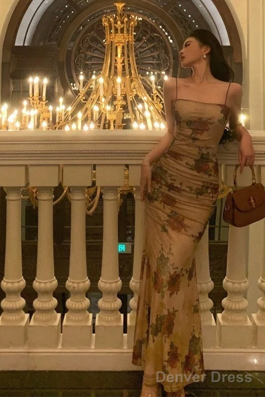 Sexy Sheath Spaghetti Straps Champagne Floral Prom Dresses Birthday Outfits Prom Gowns