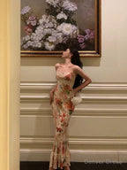 Sexy Sheath Spaghetti Straps Floral Ankle Length Prom Dresses Birthday Dress