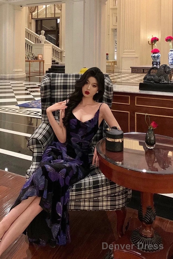 Sexy Sheath Spaghetti Straps Floral Grape Butterfly Fold Long Prom Dresses Birthday Outfits Secondary image