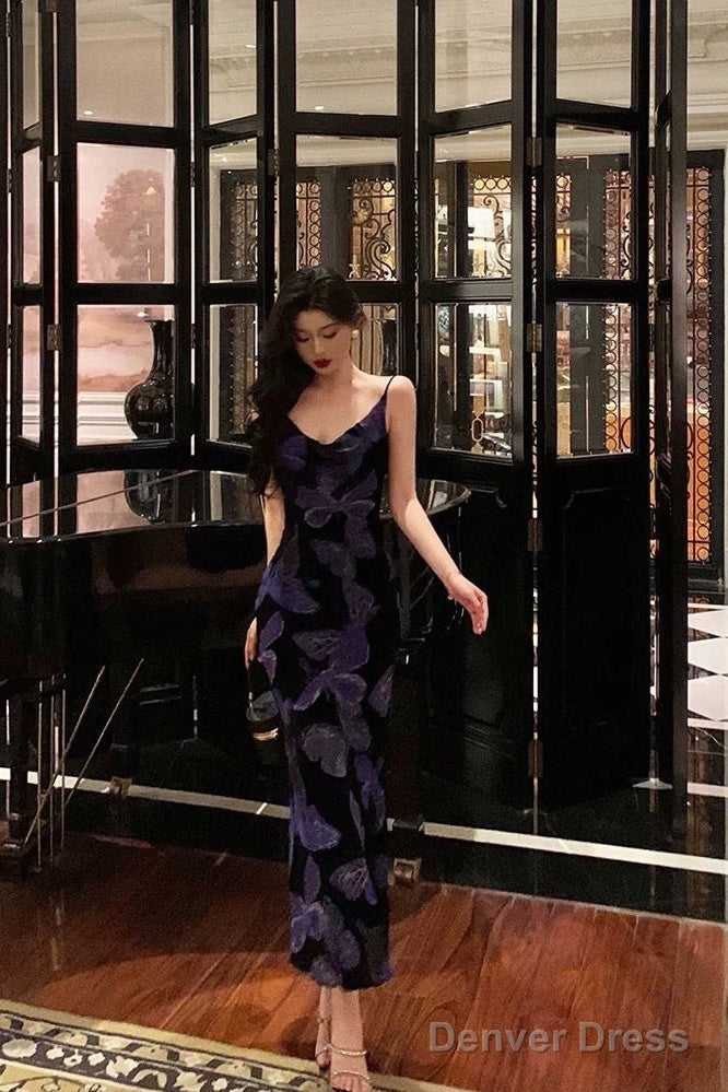 Sexy Sheath Spaghetti Straps Floral Grape Butterfly Fold Long Prom Dresses Birthday Outfits