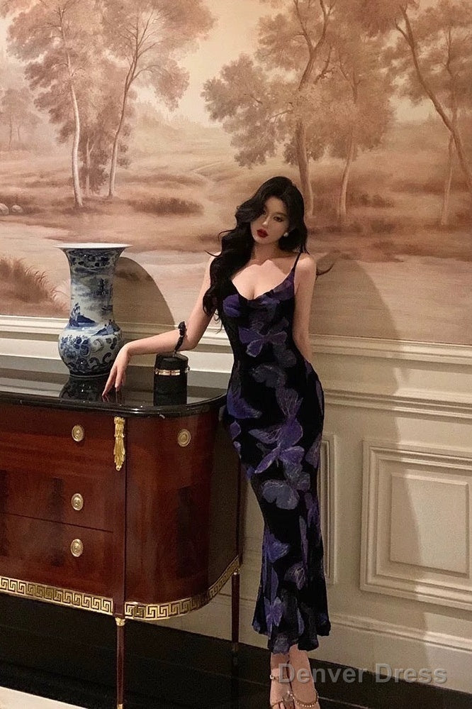 Sexy Sheath Spaghetti Straps Floral Grape Butterfly Fold Long Prom Dresses Birthday Outfits