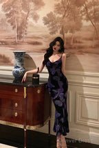 Sexy Sheath Spaghetti Straps Floral Grape Butterfly Fold Long Prom Dresses Birthday Outfits