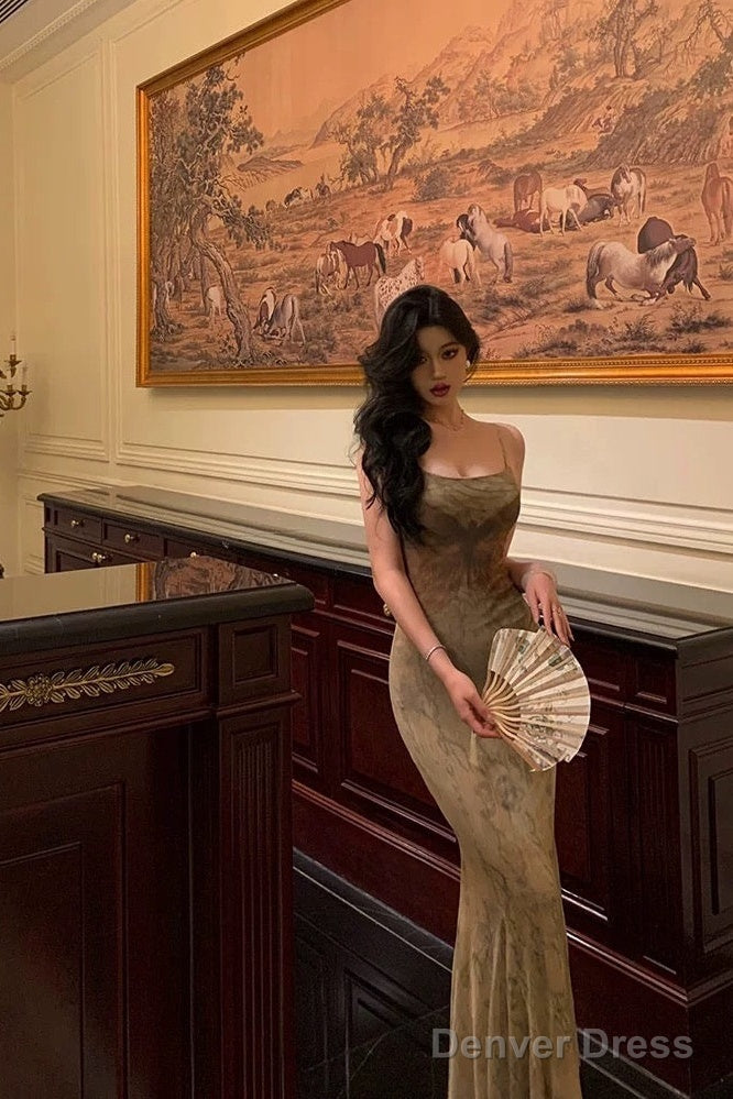 Sexy Sheath Spaghetti Straps Floral Long Prom Dresses Birthday Outfits Evening Gown