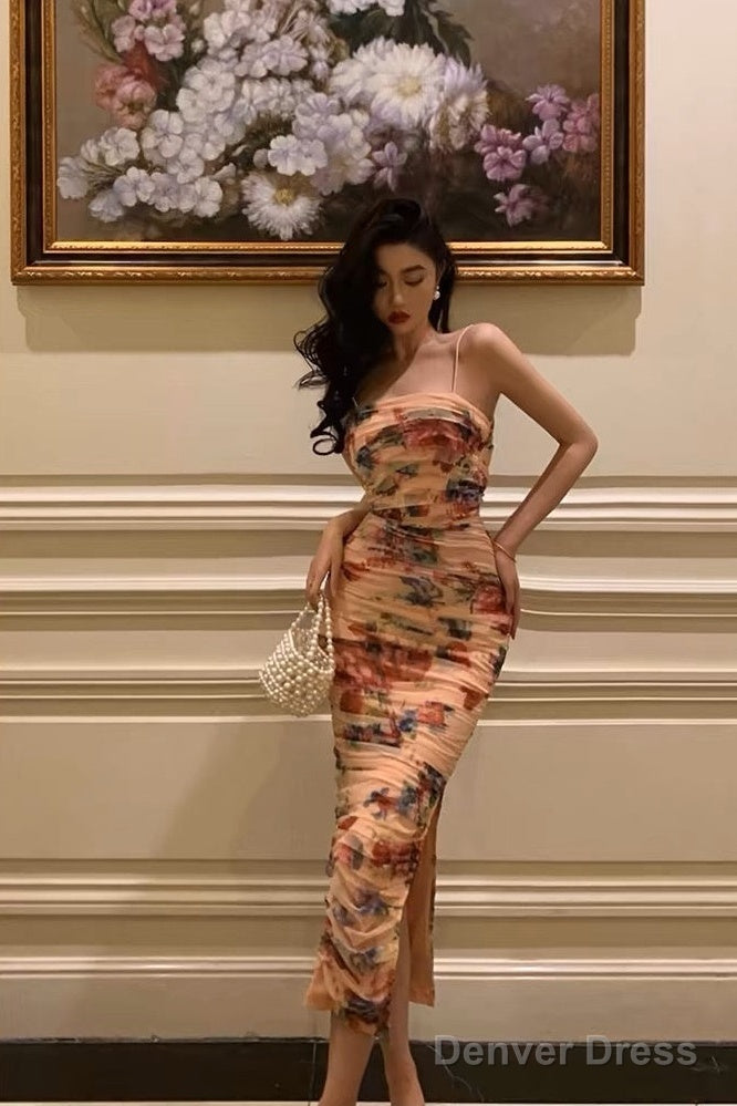 Sexy Sheath Spaghetti Straps Floral Prom Dresses Birthday Outfits Prom Gowns