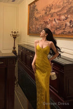 Sexy Sheath Spaghetti Straps Gold Prom Dresses Birthday Outfits Prom Gowns