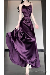 Sexy Sheath Spaghetti Straps Grape Satin Birthday Dresses Night Party Dress