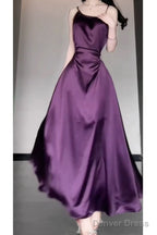Sexy Sheath Spaghetti Straps Grape Satin Birthday Dress Night Prom Dresses