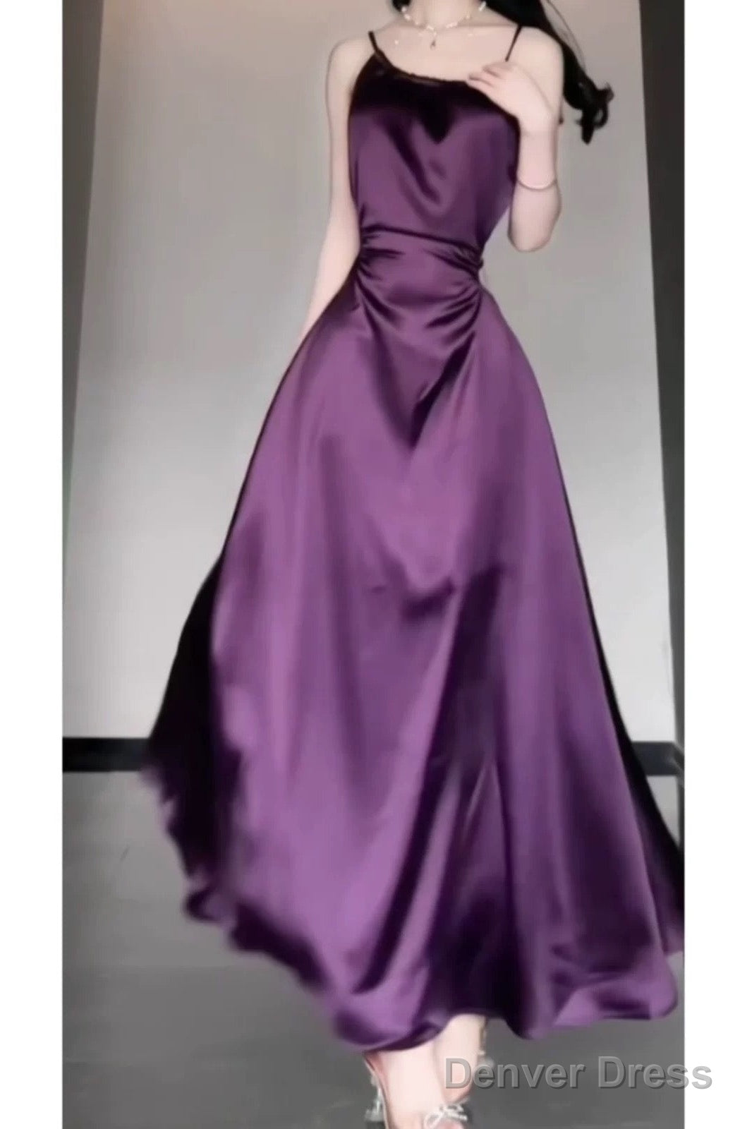 Sexy Sheath Spaghetti Straps Grape Satin Birthday Dress Night Prom Dresses
