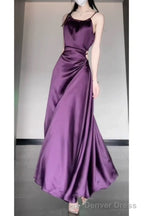 Sexy Sheath Spaghetti Straps Grape Satin Birthday Dress Night Prom Dresses