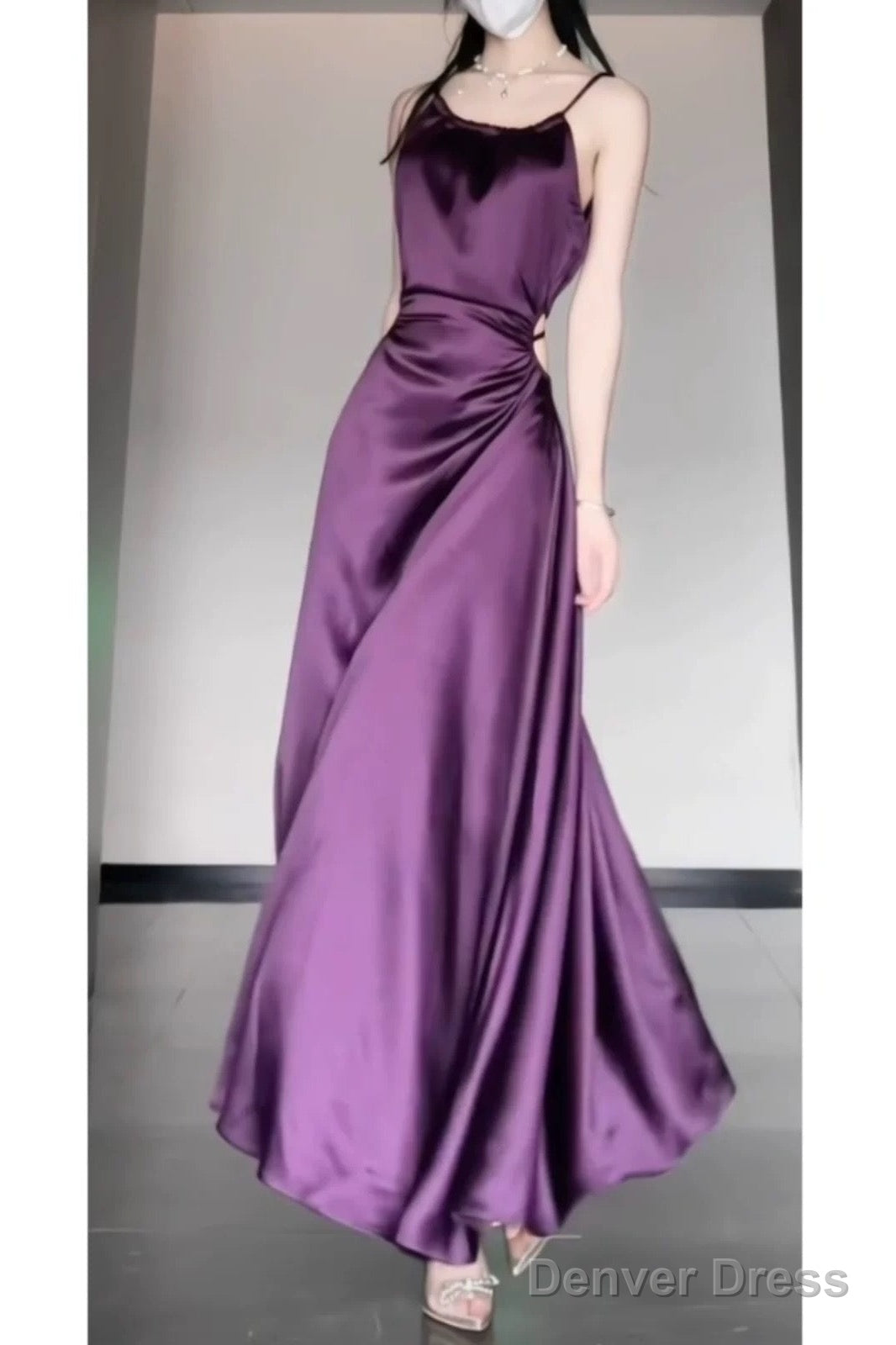 Sexy Sheath Spaghetti Straps Grape Satin Birthday Dress Night Prom Dresses