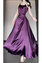 Sexy Sheath Spaghetti Straps Grape Satin Birthday Dress Night Prom Dresses