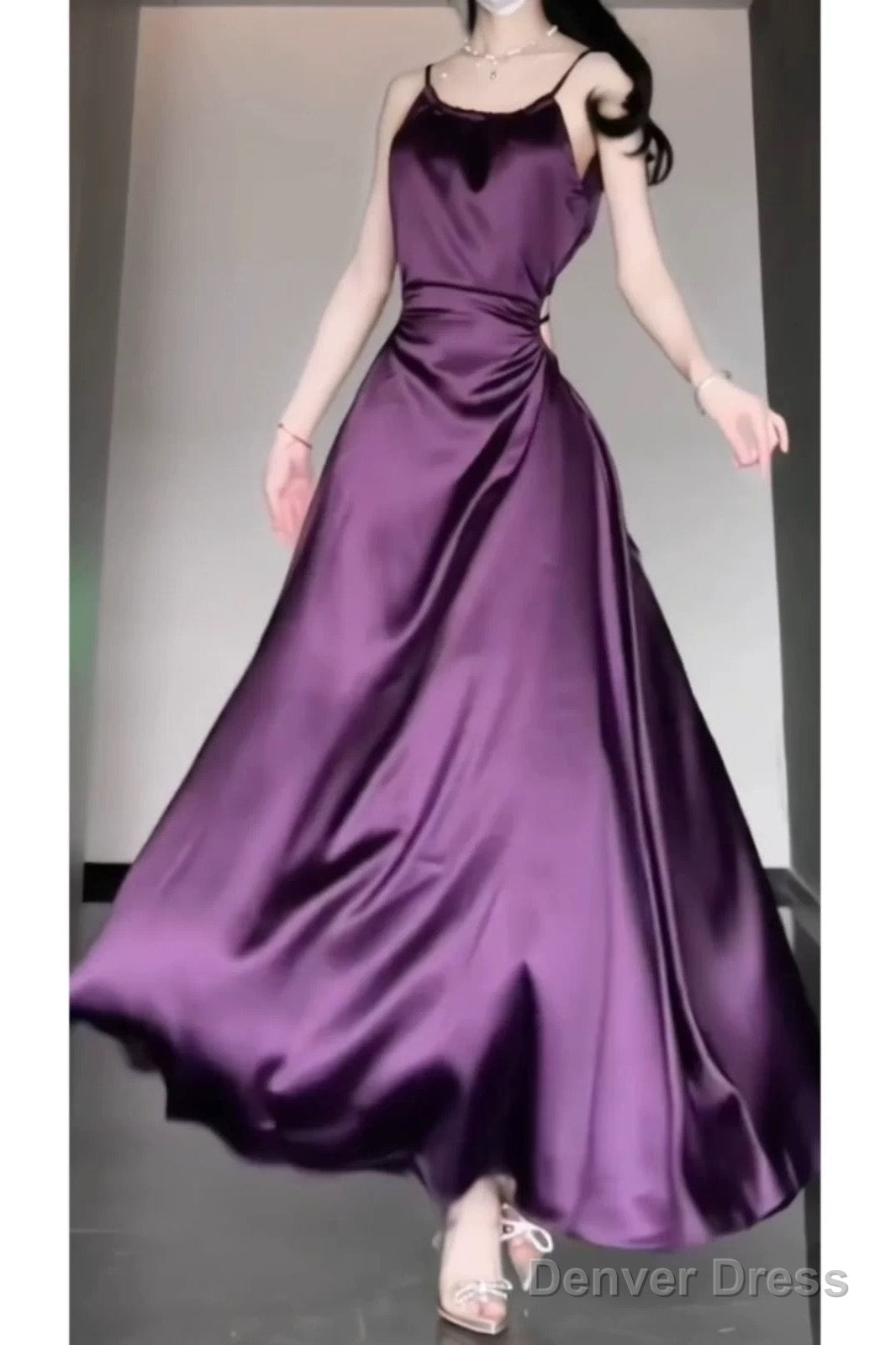 Sexy Sheath Spaghetti Straps Grape Satin Birthday Dress Night Prom Dresses