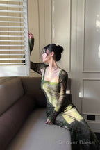 Sexy Sheath Spaghetti Straps Green Ruffles Long Evening Dress Lace Prom Dresses