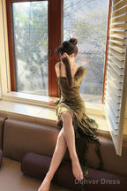 Sexy Sheath Spaghetti Straps Green Ruffles Long Evening Dress Lace Prom Dresses