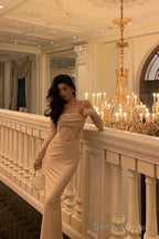 Sexy Sheath Spaghetti Straps Lace Long Prom Dresses Birthday Outfits With Gloves