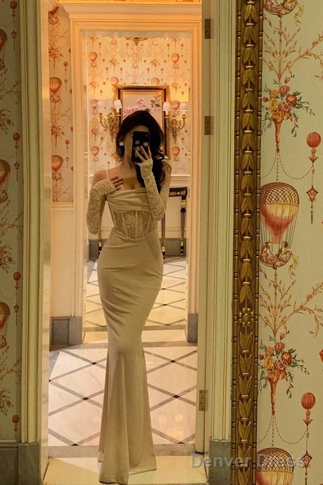 Sexy Sheath Spaghetti Straps Lace Long Prom Dresses Birthday Outfits With Gloves