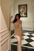 Sexy Sheath Spaghetti Straps Lace Long Prom Dresses Birthday Outfits With Gloves