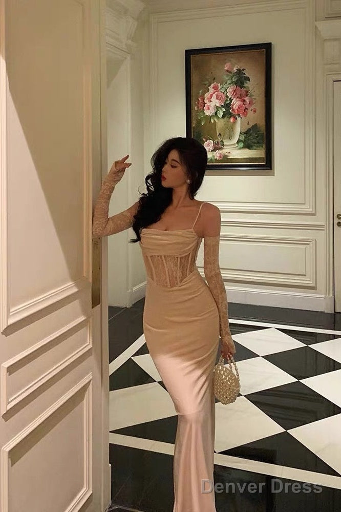 Sexy Sheath Spaghetti Straps Lace Long Prom Dresses Birthday Outfits With Gloves