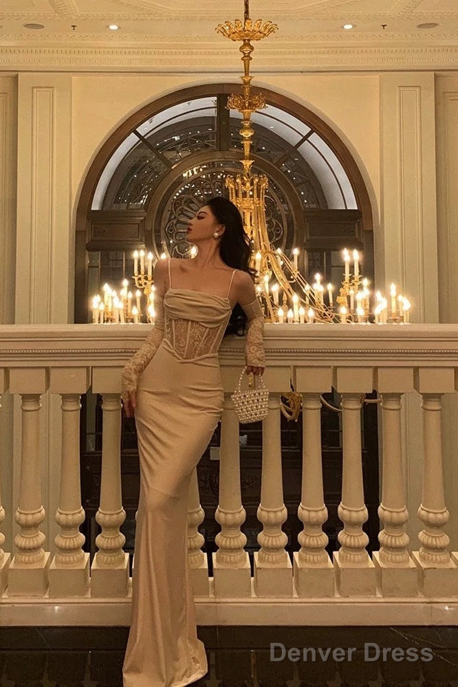 Sexy Sheath Spaghetti Straps Lace Long Prom Dresses Birthday Outfits With Gloves Main image