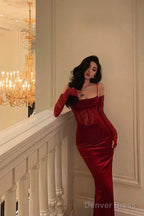 Sexy Sheath Spaghetti Straps Lace Red Velvet Long Prom Dresses Birthday Outfits With Gloves