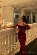 Sexy Sheath Spaghetti Straps Lace Red Velvet Long Prom Dresses Birthday Outfits With Gloves