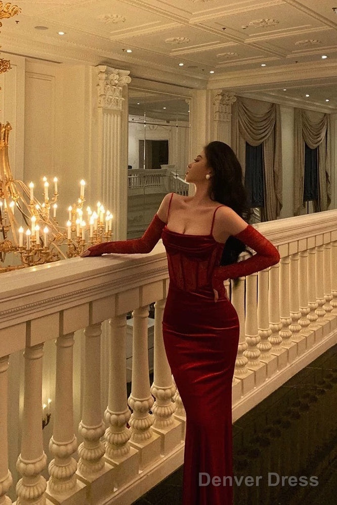 Sexy Sheath Spaghetti Straps Lace Red Velvet Long Prom Dresses Birthday Outfits With Gloves