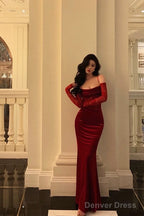 Sexy Sheath Spaghetti Straps Lace Red Velvet Long Prom Dresses Birthday Outfits With Gloves