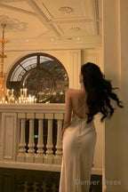 Sexy Sheath Spaghetti Straps Long Champagne Prom Dresses