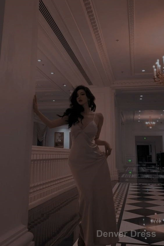 Sexy Sheath Spaghetti Straps Long Champagne Prom Dresses